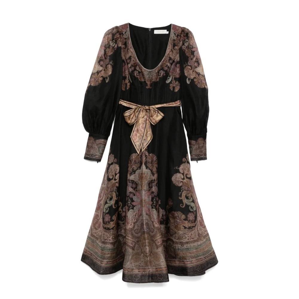 Zimmermann Black Maxi Dress with Mauve and Gold Paisley Accents